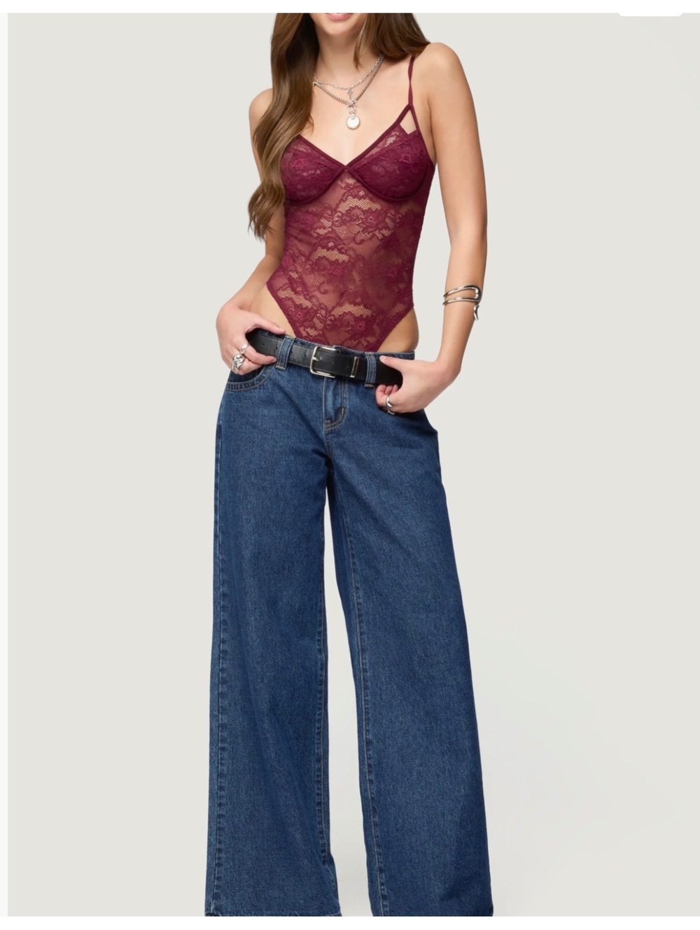 Edikted Burgundy Cutout Lace Bodysuit Size XS